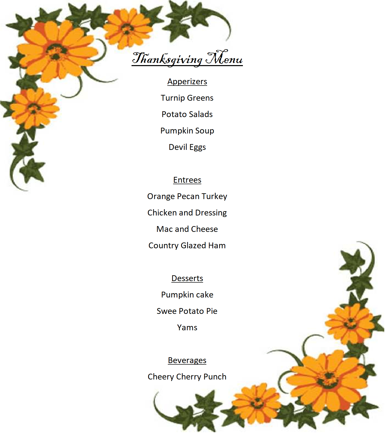 thanksgiving menu