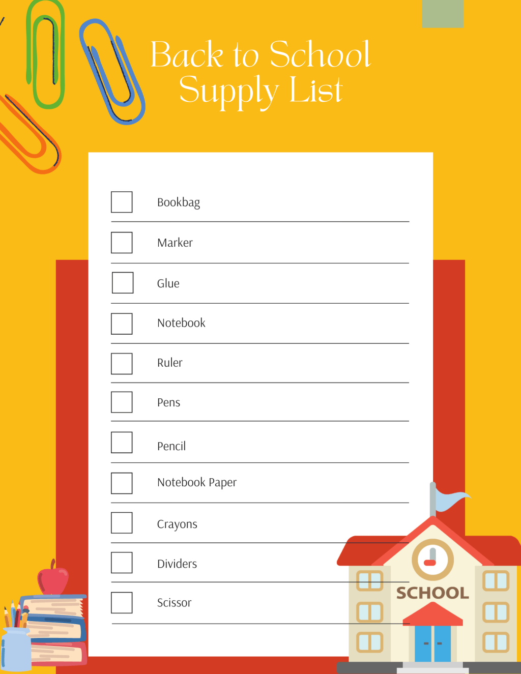 Back to School Supply List&nbsp;Sheet