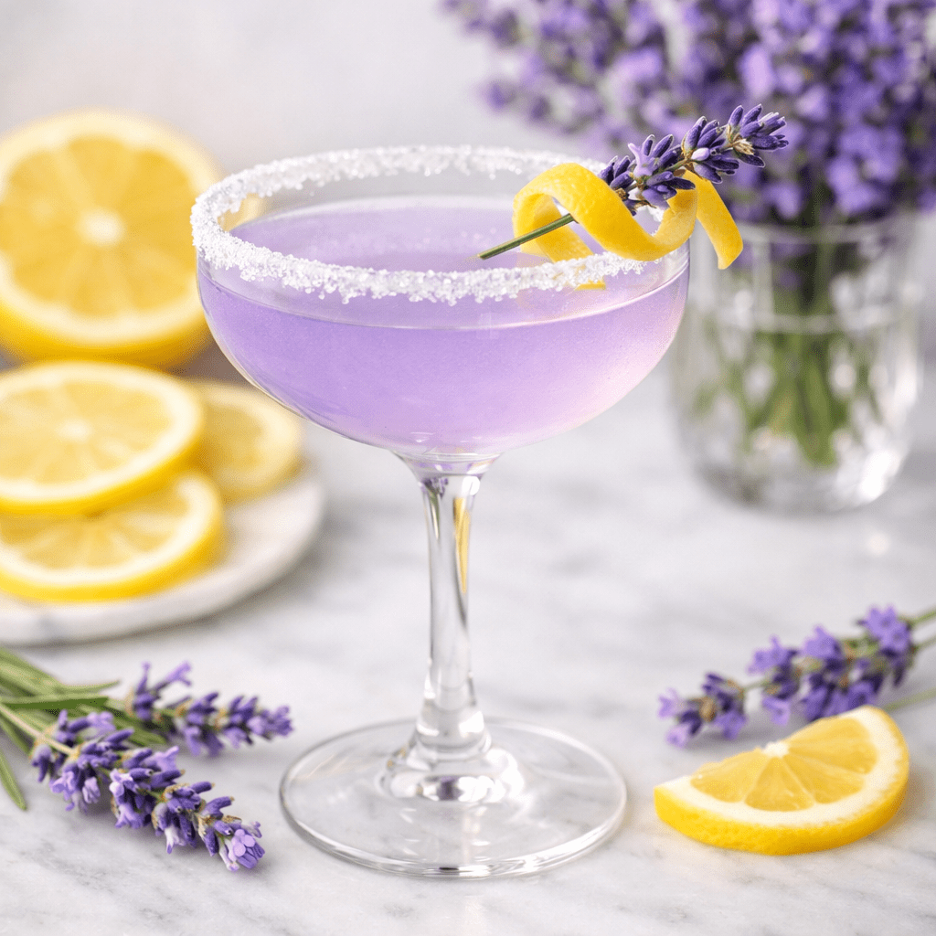 Lavender-colored cocktail in a glass with a sugar rim, lemon twist, and lavender garnish