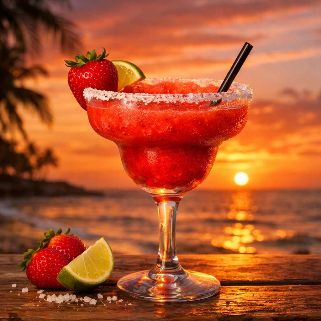 Frozen strawberry margarita with salted rim, strawberry and lime garnish by ocean sunset