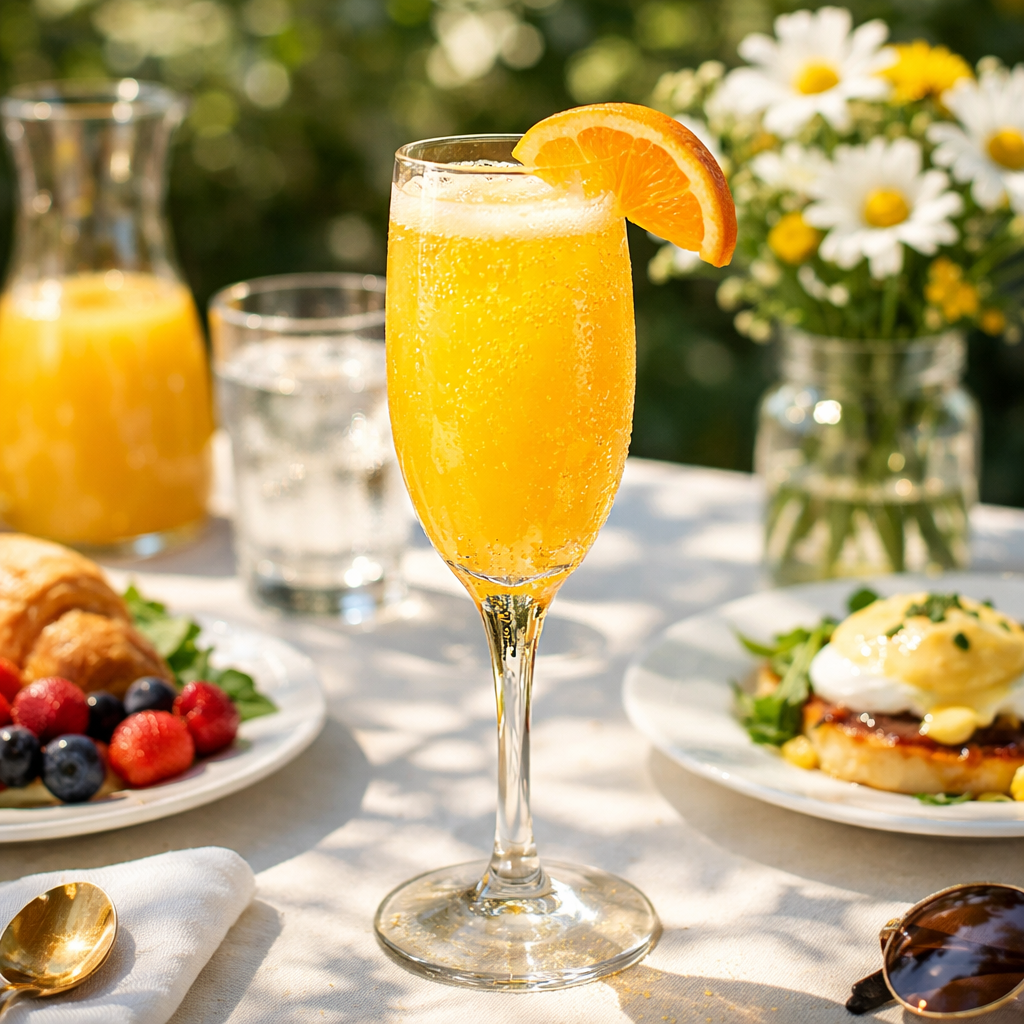 Glass of mimosa with orange slice on a brunch table with croissant, berries, eggs benedict, and flowers