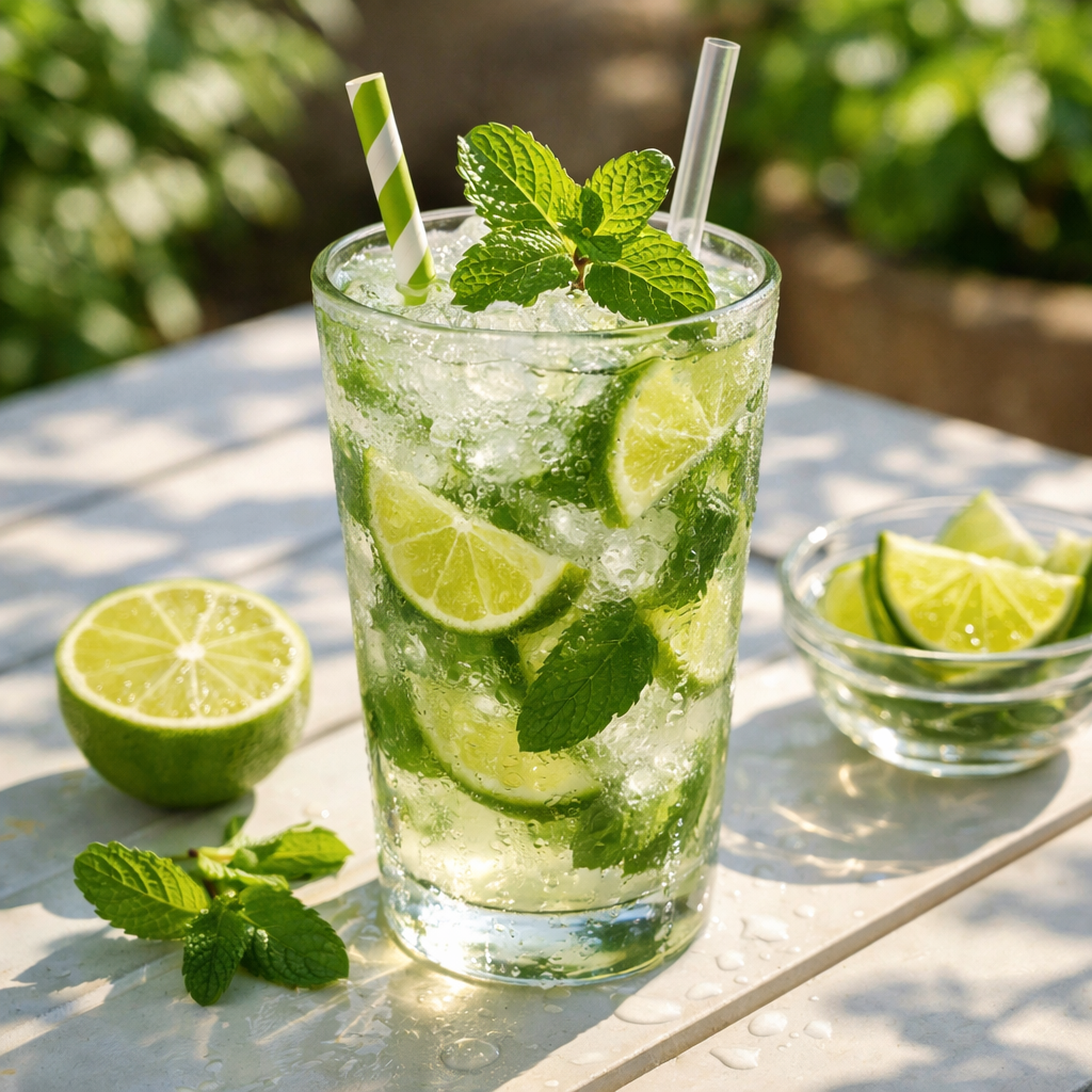 Glass of lime and mint cocktail with crushed ice and two straws