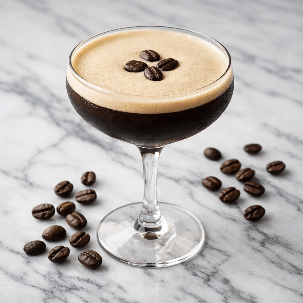 Espresso martini cocktail with foam topped with four coffee beans in a glass on marble table