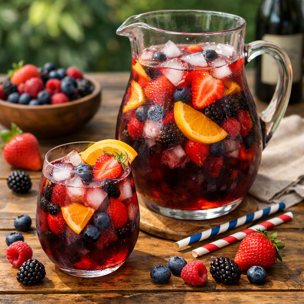 Glass and pitcher of sangria with strawberries, blueberries, blackberries, raspberries, orange slices, and ice