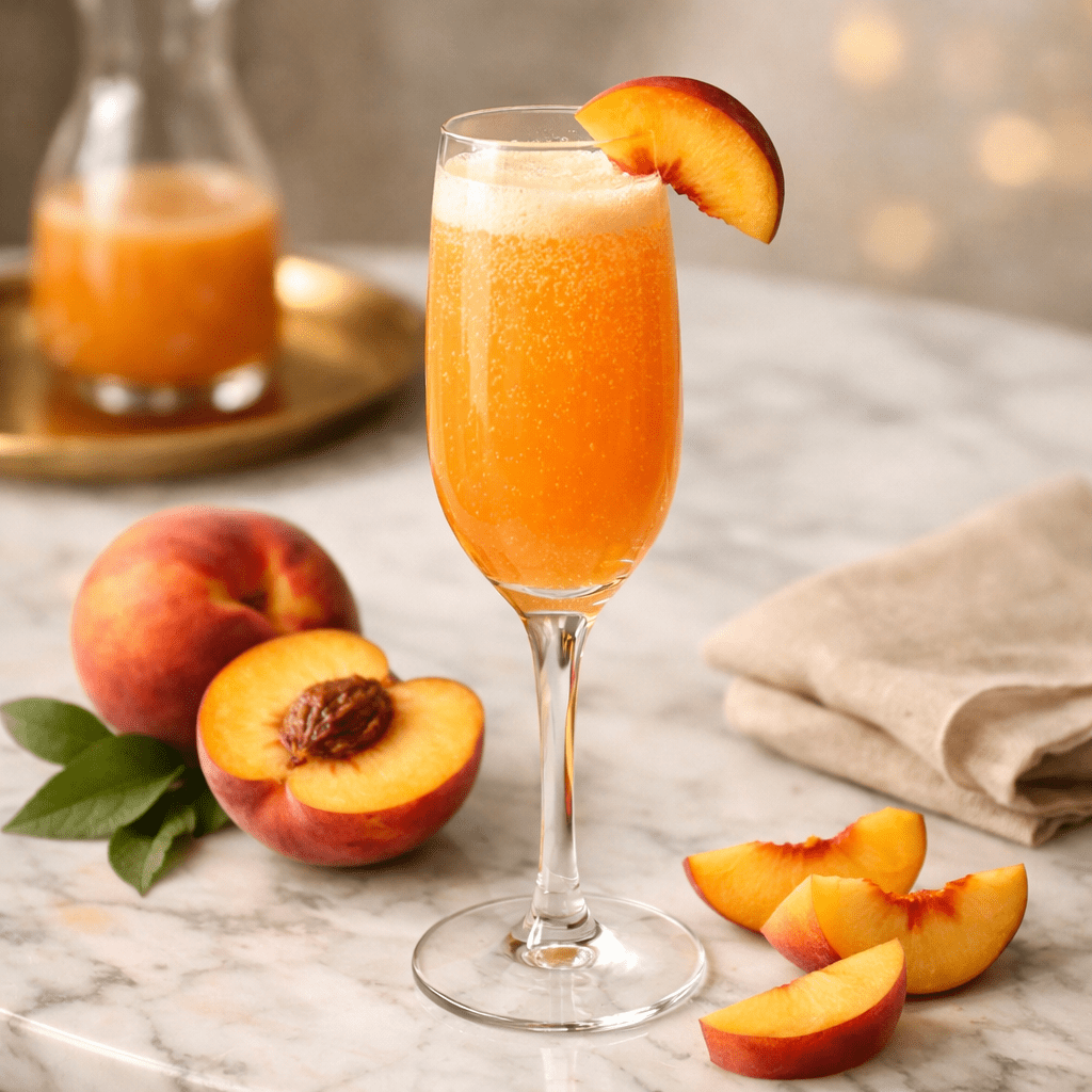 A peach cocktail in a flute glass with peach slices and whole peaches on a marble surface