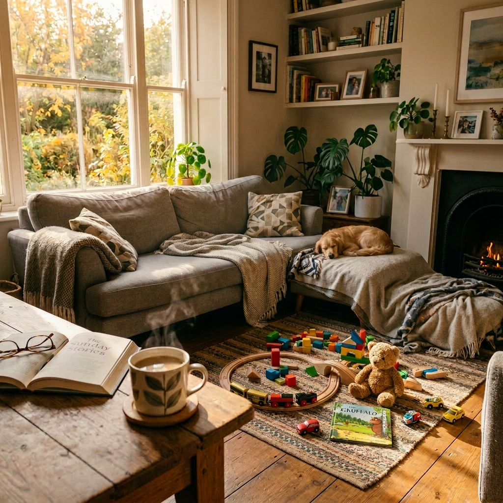 Woman reading a book on a couch with a sleeping dog nearby and children's toys on the floor in a cozy living room