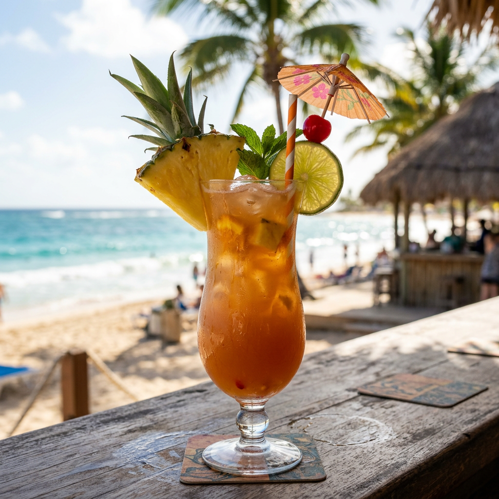 Tropical cocktail with pineapple slice, lime wheel, cherry, mint, and umbrella on wooden bar