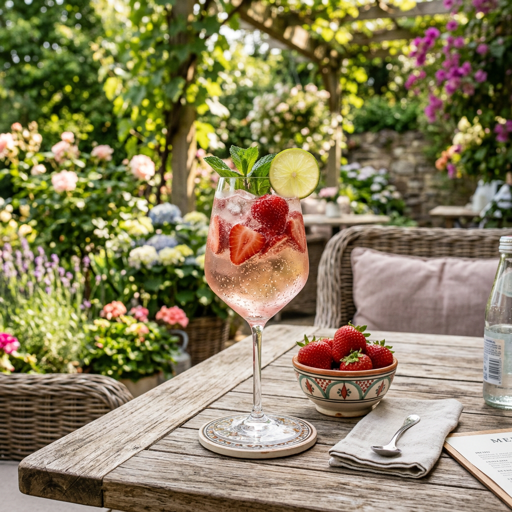 Glass with sparkling strawberry and lime drink on wooden table with bowl of strawberries