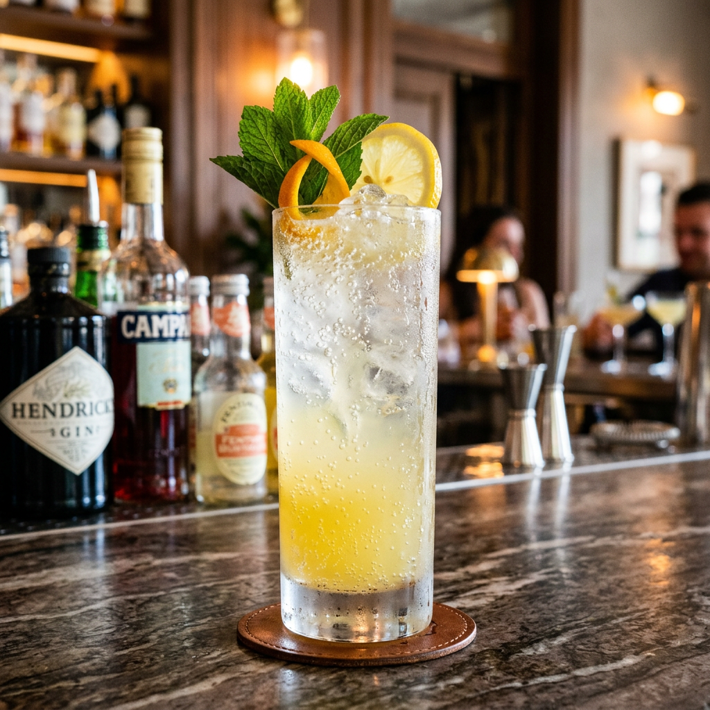 Tall glass with iced citrus gin cocktail garnished with lemon slice and mint