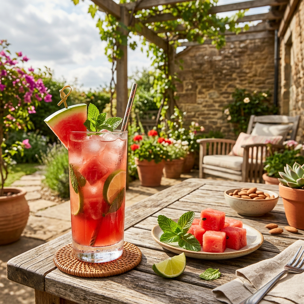Tall glass of watermelon and mint drink with ice on a wooden table in garden patio
