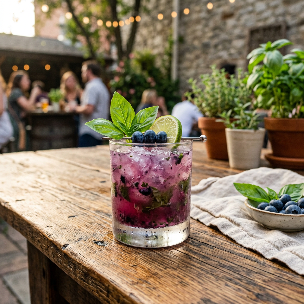 Glass with blueberry basil cocktail garnished with fresh basil leaves, blueberries, and lime slice