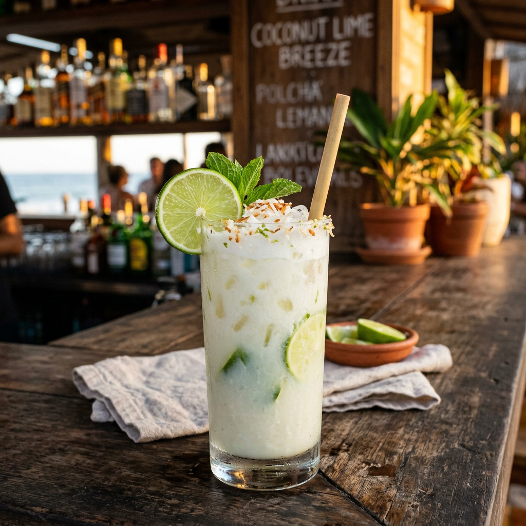 Coconut lime cocktail with lime slice and mint garnish on a wooden bar counter