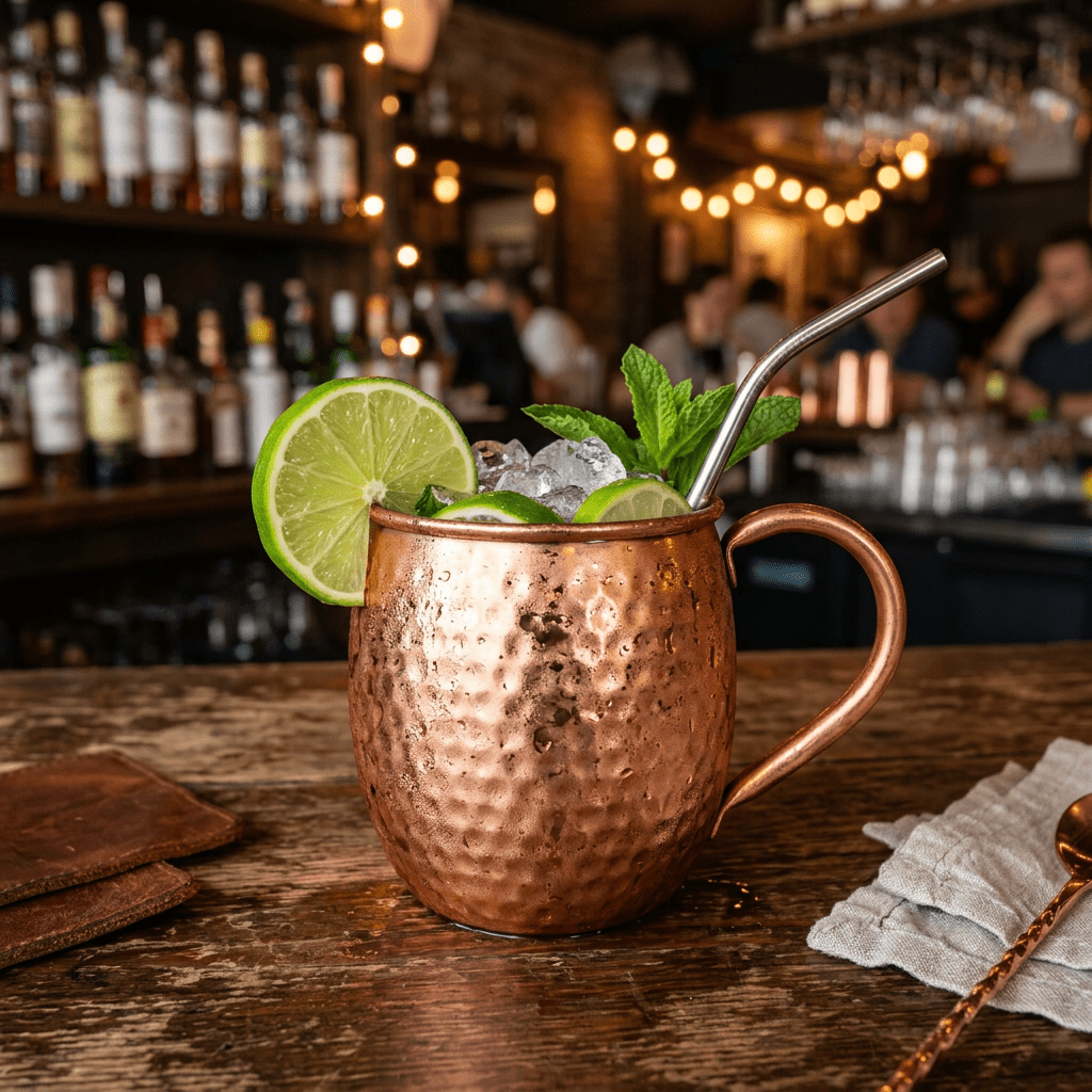 Copper mug filled with Moscow Mule cocktail garnished with lime slices, mint, and a metal straw