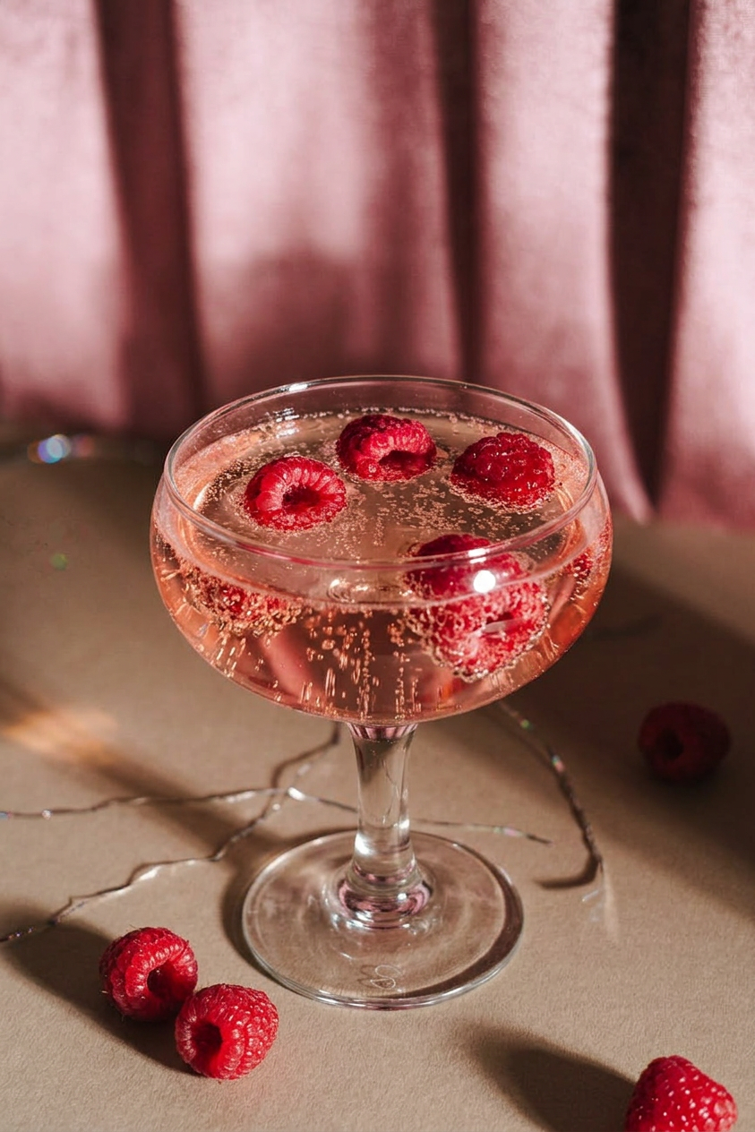 Coupe glass filled with sparkling drink and floating raspberries