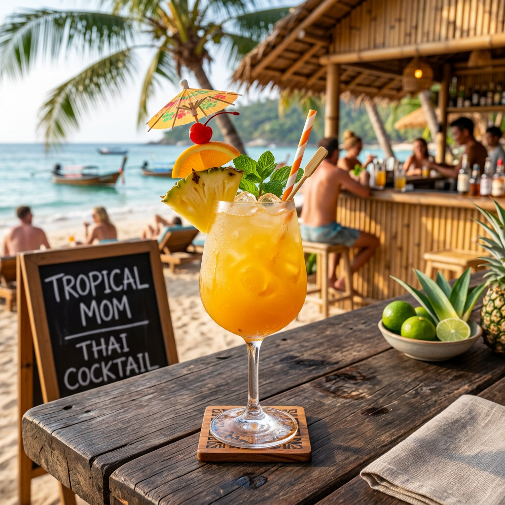 Tropical Mom Thai cocktail with pineapple slice, cherry, and umbrella on wooden table