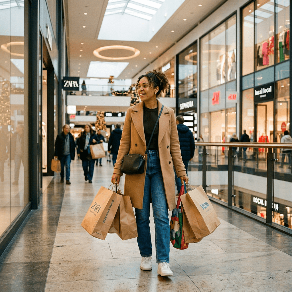 Woman walking in a mall carrying multiple shopping bags from Zara and other stores.