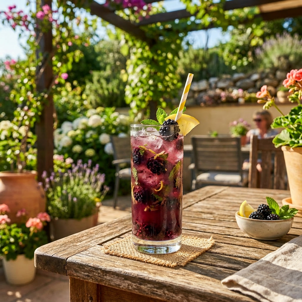 Refreshing blackberry cocktail on rustic patio Tall glass of blackberry cocktail with ice, lemon slice, mint, and striped straw on wooden table outdoors